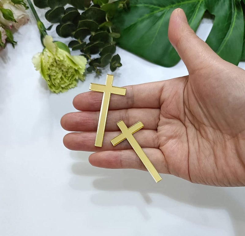 XIAOYUE 12pcs Slim Acrylic Cross Cake Charm, Christening Baptism Confirmation, Acrylic Cross Cake Decoration (3'', Gold Mirror) - Image 2
